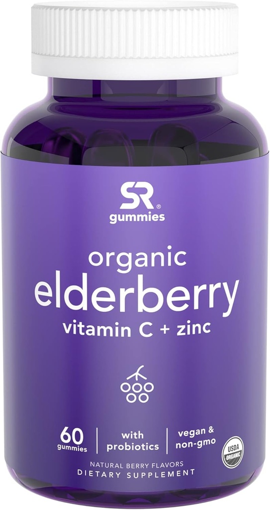 Elderberry Gummies kontsentraat (65:1) C-vitamiini, tsingi ja probiootikumidega immuunsuse toetamiseks ja soolestiku terviseks | USDA orgaaniline, vegan-sertifitseeritud ja mitte-GMO-kontrollitud (60 vegankummit)