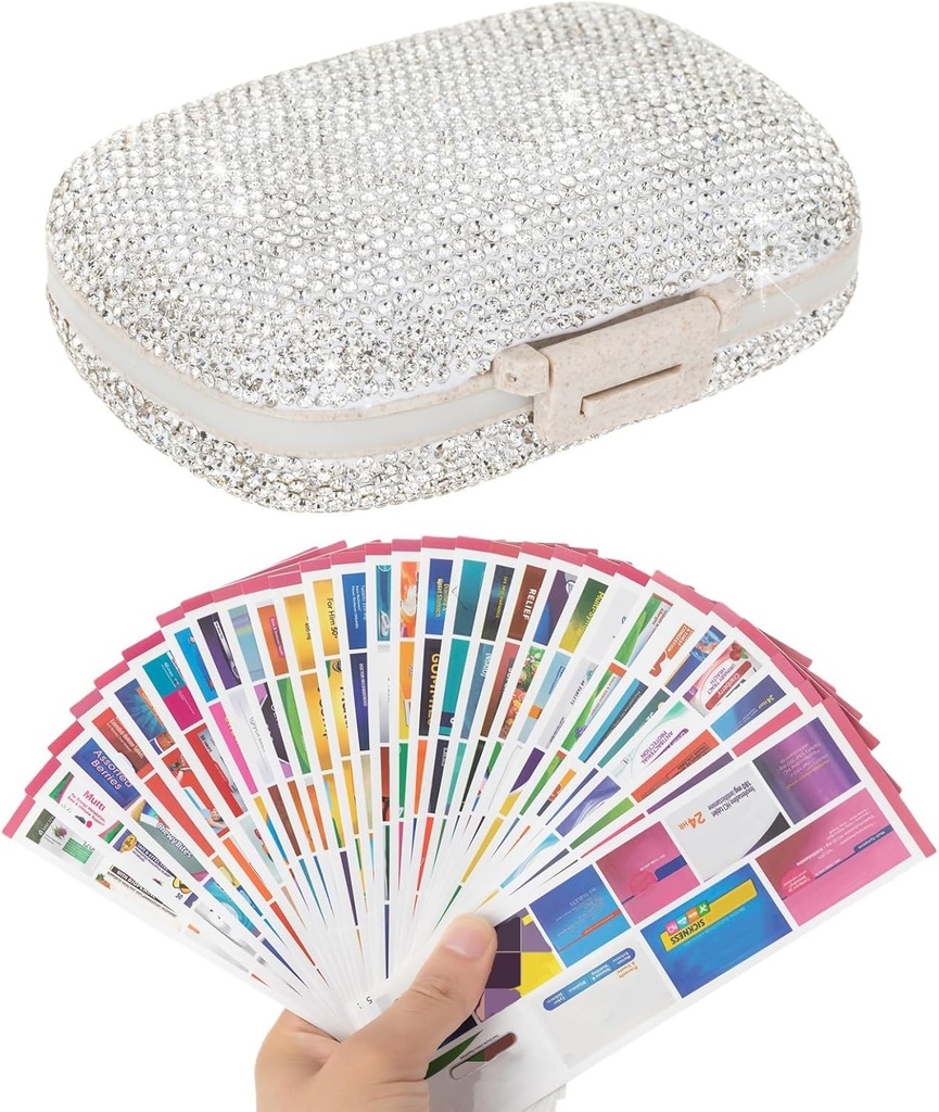 Pill Korraldaja siltidega Bling Taskupillide ümbris kleebistega Travel Medicine Kit Holder Väike Purse Pill Box Konteiner Portable Mini Ravimite Hoidmine (Valge & 300 Sildid)