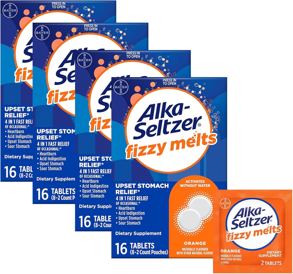 Alka-Seltzer Fizzy sulab, lahustub keelel, ei vaja vett, on-The-Go toidulisandi antatsiidi tabletid, aeg-ajalt kõrvetiste ja happeliste seedimiste leevendamiseks *, oranž maitse, 64 krahv