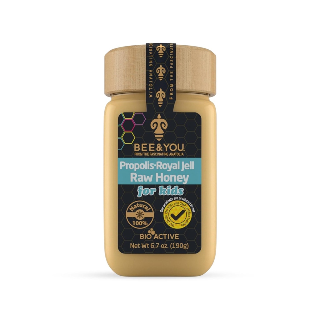 Bee ja You Royal Jelly Toores Honey for Kids, Propolis Extract, 100% looduslik superfood, Ultra Pure, Immune Support Supplement, Antioksüdandid, Keto, Paleo, Gluteenivaba, 6,7 oz