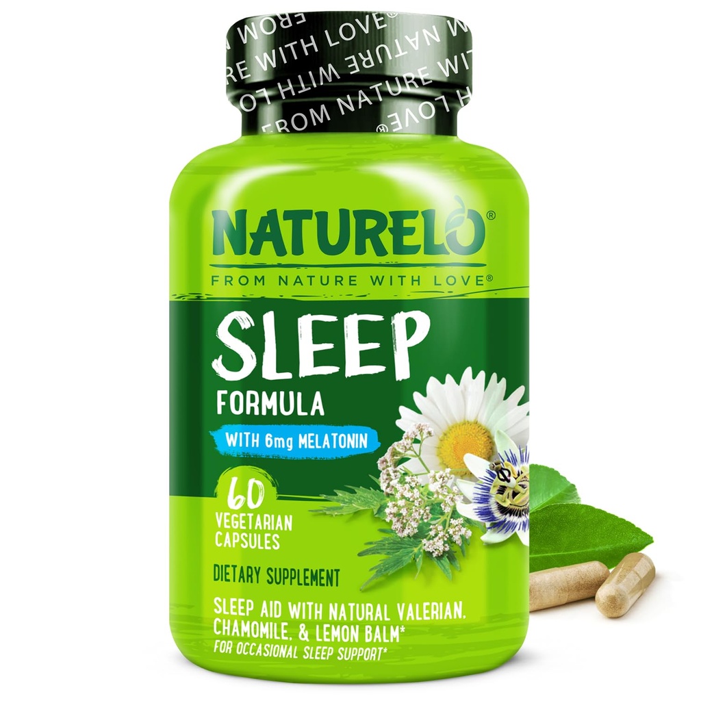 NATURELO uneabi - melatoniini, magneesiumi, GABA, Valerian Juurde, Sidrun Balm, kummeli taimeekstraktid - taimepõhine magamisabi - 60 vegankapslit