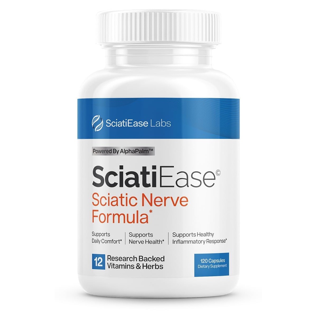 SciatiEase Sciatic Nerve Health Support Supplement - Närvitoe valem AlphaPalm, herne, B-vitamiini kompleks, alfa-lipohape 300mg - 120 kapslit