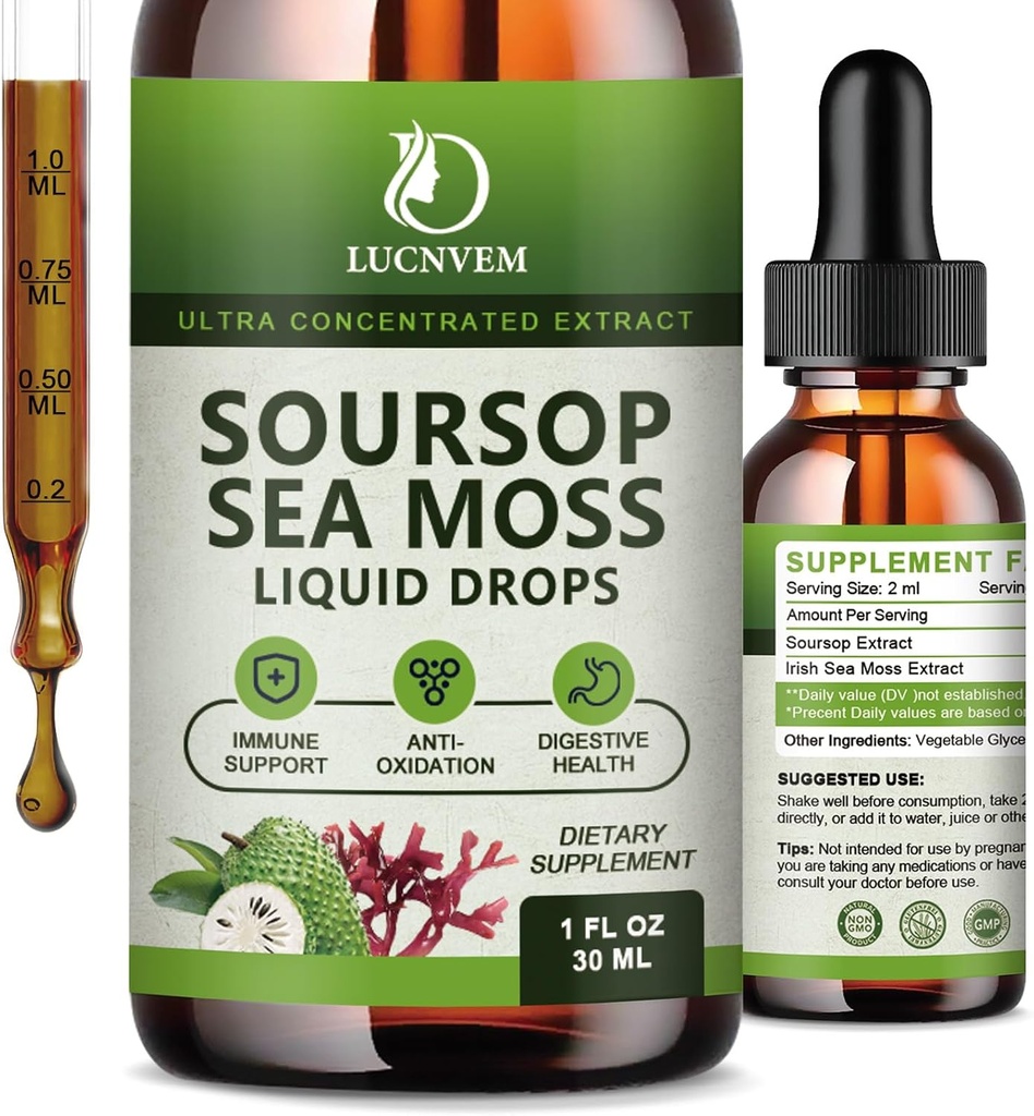 (2 Pack) Orgaaniline Soursop Graviola koos merisambla vedelate tilkadega, Soursop Bitters Vedelik, mis on rikas multivitamiinis loodusliku antioksüdandi, immuunvõimendi, rakutoe ja regeneratsiooni, ananassimaitse