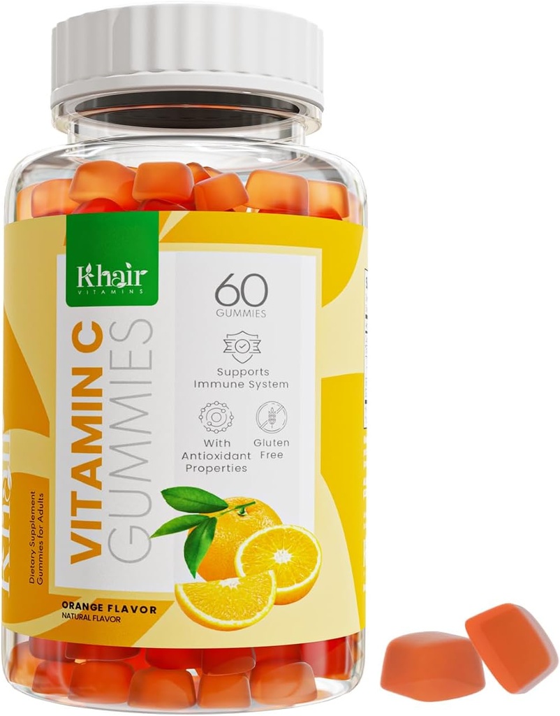 Khair Halal C-vitamiini kummid - Mitte-GMO, Gluteenivaba, želatiinivaba, taimetoitlane - immuunsuse tugikummid, halal maitsvad vitamiinid täiskasvanutele ja lastele - 60 Gummies