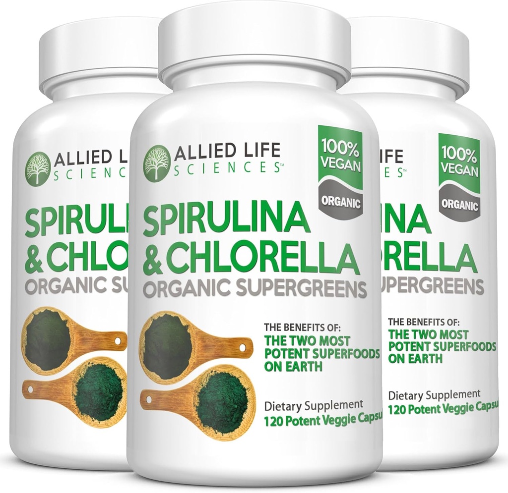 Allied Life Spirulina and Chlorella | Organic Chlorophyll Vegan Protein Pulber Green Superfood Capsules | Natural Immune Support (3 pudelipakk)