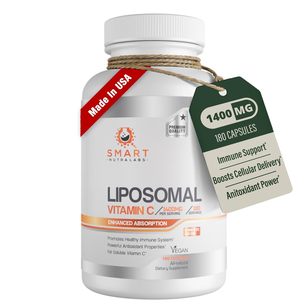 Liposomaalne Vitamiin C 1400mg - 180 Vegan Kapslid - Hiina Vabad Koostisosad, Rasva Lahustuv Kõrge Imendumine VIT C- Toetab Tervislikku Immuunsüsteemi & Kollageen Booster- Võimas Antioksüdantide Tugi Lisa
