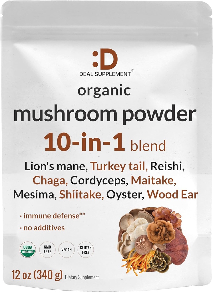 TEHINGUTE LISAMINE Orgaaniline Seenepulber Täiendus, 12oz - 10 in 1 Active Blend - Shiitake, Lions Mane, Cordyceps, Chaga, Rohkem -Toetab Immuunsust, Energiat Ja Aju Tervist - Mitte-GMO, Vegan