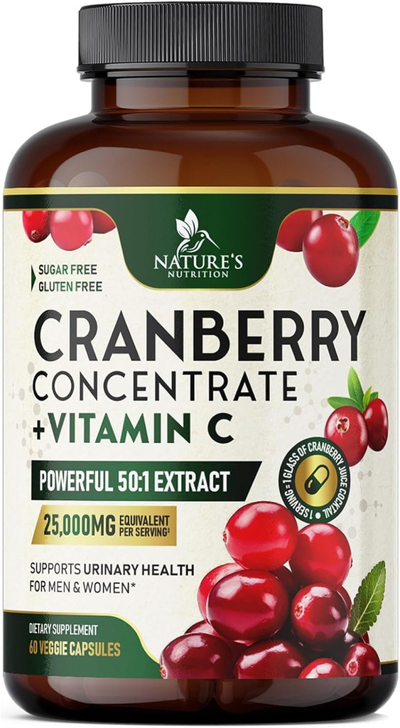 Cranberry Supplement Pills 25 000mg - kõrge tugevusega C-vitamiini Jõhvikas naistele ja meestele, kuseteede tervisetoetus, suhkruvaba, gluteenivaba, mitte-GMO, Jõhvika kontsentraadi ekstrakt - 60 kapslit
