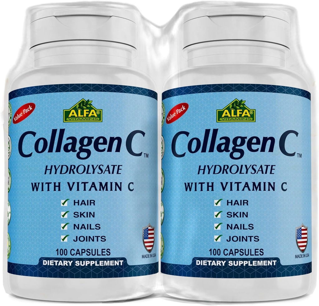 CollagenC Hydrolysate by Alfa Vitamins - Contains biotin and Vitamin C - 100 Capsules Each - 2 Pack