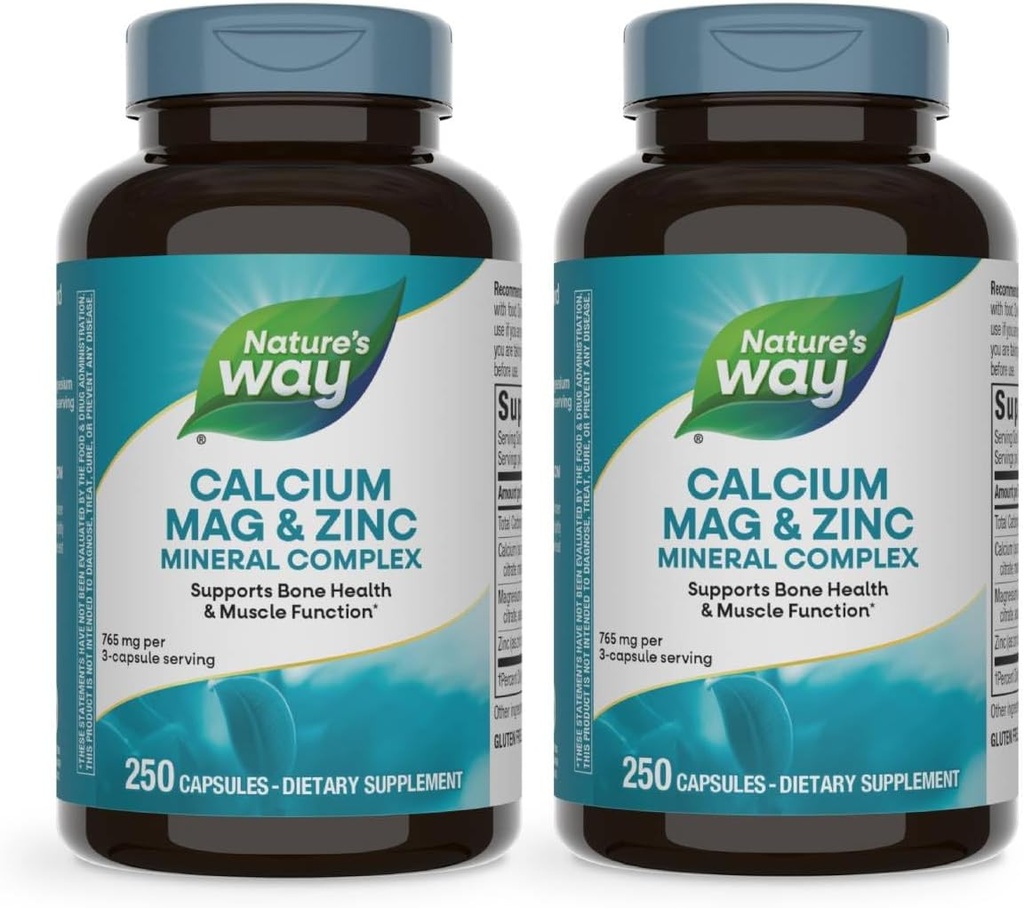 Nature's Way Calcium Magnesium & Tsink Mineral Complex, toetab luude tervist ja lihaste funktsiooni *, immuunsuse tugi *, 250 kapslit (pakendamine võib varieeruda) - 2 Pack