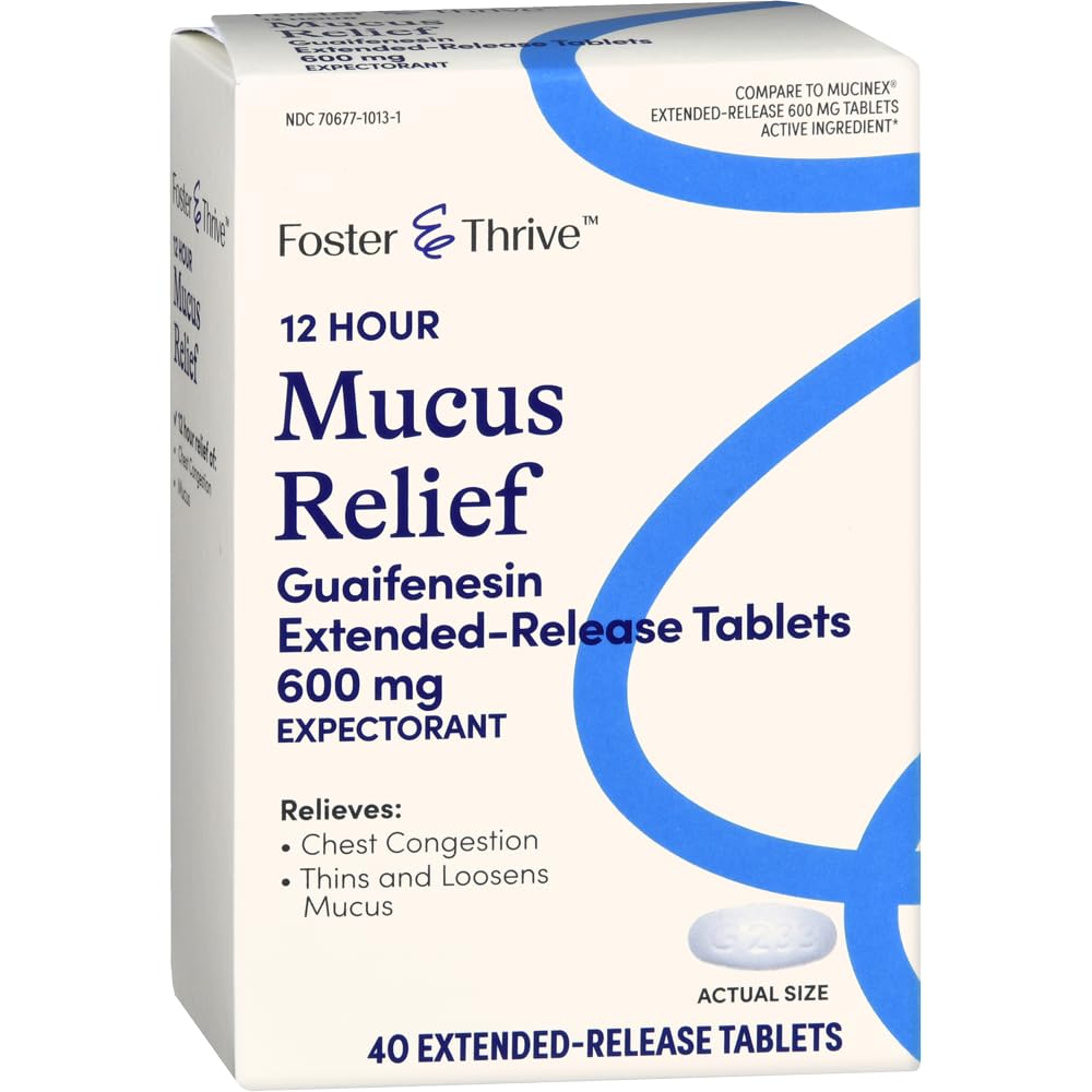 Foster & Thrive Rindkere ummistus limaskesta laiendatud vabanemine, 600 mg Guaifenesiin leevendab liigne lima põhjustatud rindkere ummistusi (võrreldes Mucinex 12-tunnise laiendatud vabanemisega), 40 tabletti