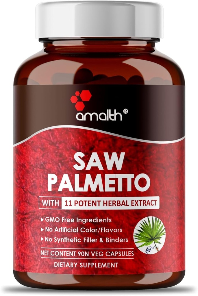 AMALTH Premium Saw Palmetto kapsel - ekstra tugevus Formuleeritud Ashwagandha, Tribulus, Ingver, Maca, Püha basiilik ja veel loodusliku eesnäärme tugi, 90 kapslit