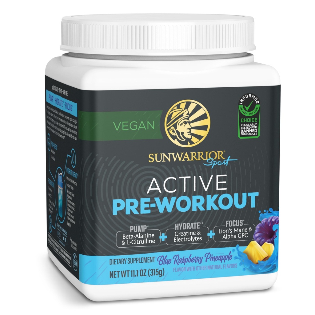 Sunwarrior Pre Workout Pulber Energiajook Vegan Taimne täiendus Pump, hüdraat, fookus, vastupidavus ja tugevus Ehitaja Blue Vaarika Ananassi Maitsestatud 30 Servings Active Preworkout