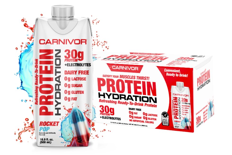 Lihasmassid Karnivor Proteiin Hüdratsioon RTD, Joogivalmis, Laktoosivaba, Suhkruvaba, 30g Isolaatvalk, Halal Certified, Rocket Pop, 16,9 Fl Oz (12. pakk)