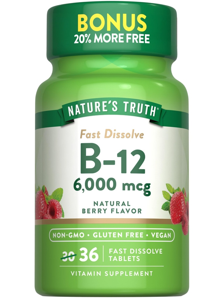 Nature's Truth B12 Vitamiin 6000 mcg | metüülkobalamiin | 36 tabletti | Fast Dissolve Natural Berry Flavor | Vegan, Non-GMO & Gluten Free