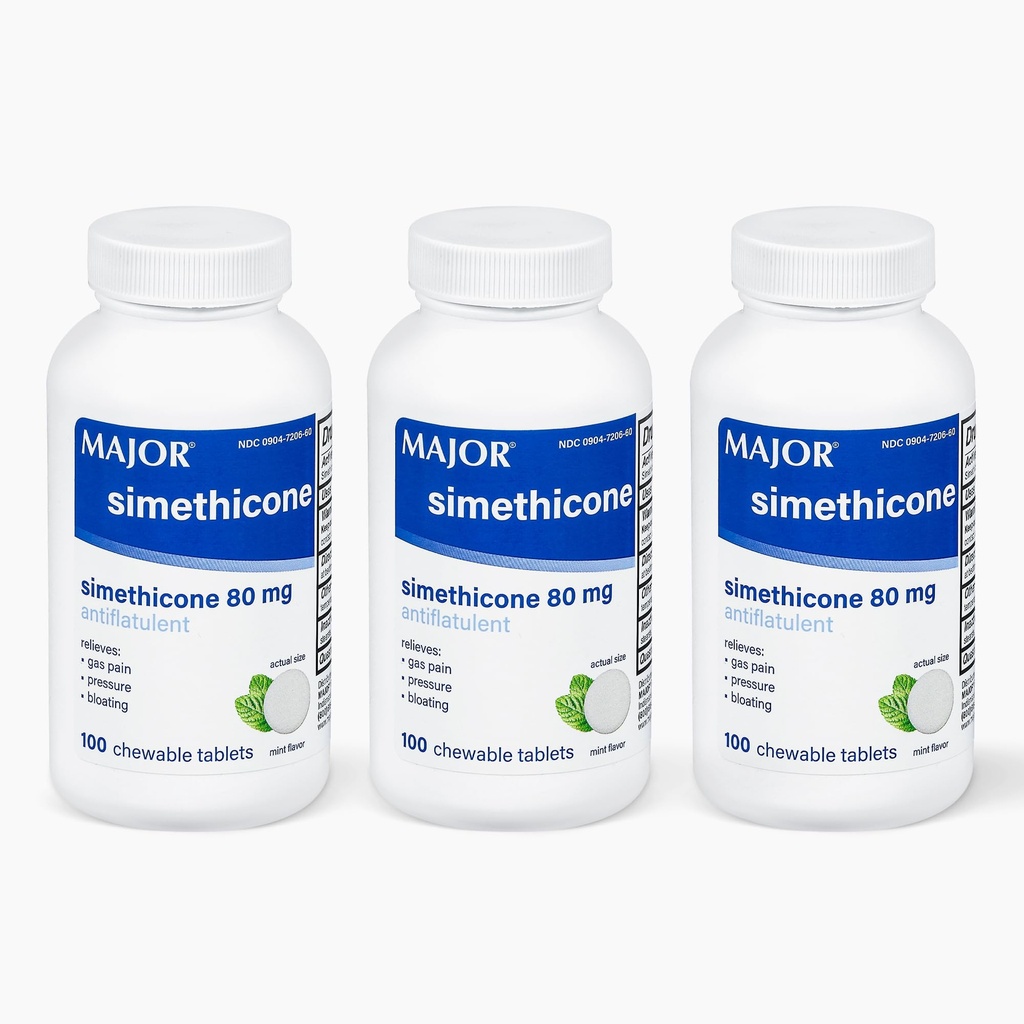 MAJOR Simethicone Gas Relief 80 mg - Flatulence, Bloating ja gaasirõhu abi - 100 närimistabletti (3 pakend)