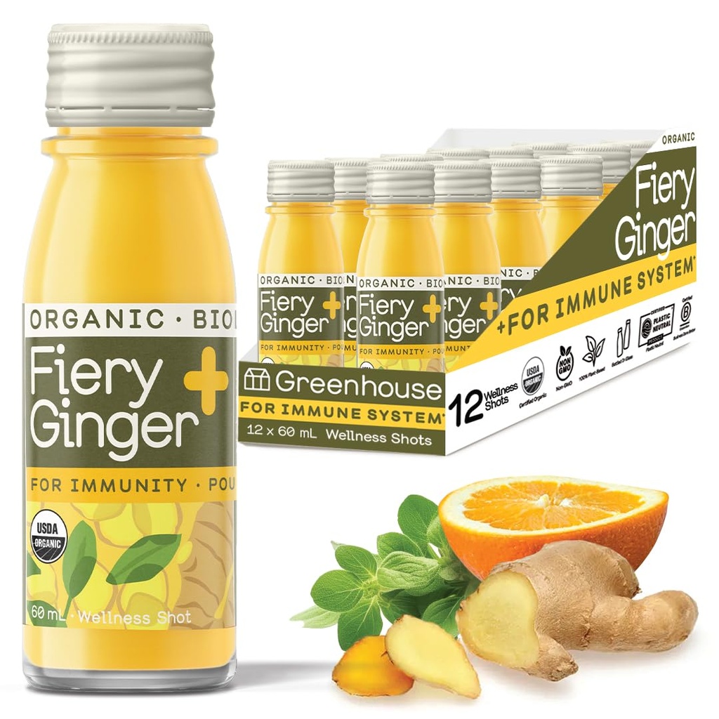 Kasvuhoonemahl Orgaaniline Fiery Ginger Wellness Shots 12-Count 60ml Klaaspudelid, Vegan & Gluteenivaba