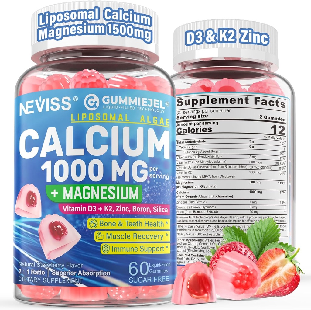 Kaltsiumilisandid naistele, meestele - liposomaalne kaltsium 1000mg vitamiiniga D3 K2, magneesiumglütsinaat, tsink, boor, ränidioksiid luude tervise jaoks - suhkruvaba kaltsium Magneesium tsink Gummies, Vegan, 60 krahv