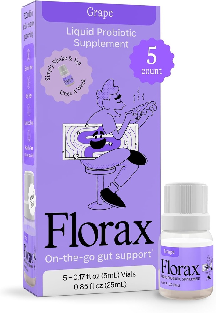 Florax - Vedel probiootikum - On-The-go soolestiku toetus naistele, meestele ja lastele - Vegan, Gluteenivaba, Laktoosivaba, Sojavaba ja säilitusainetevaba - Viinamarjamaitse - 5 viaali