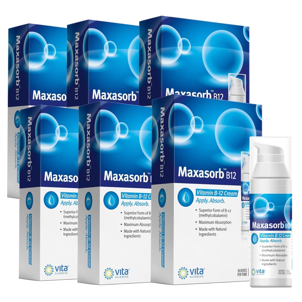 Vita Sciences Maxasorb B12 Vitamiin B-12 Kreem 1000 mcg: võimas paikne metüülkobalamiin energia, tervise ja hõõguva naha jaoks - pakendis 6