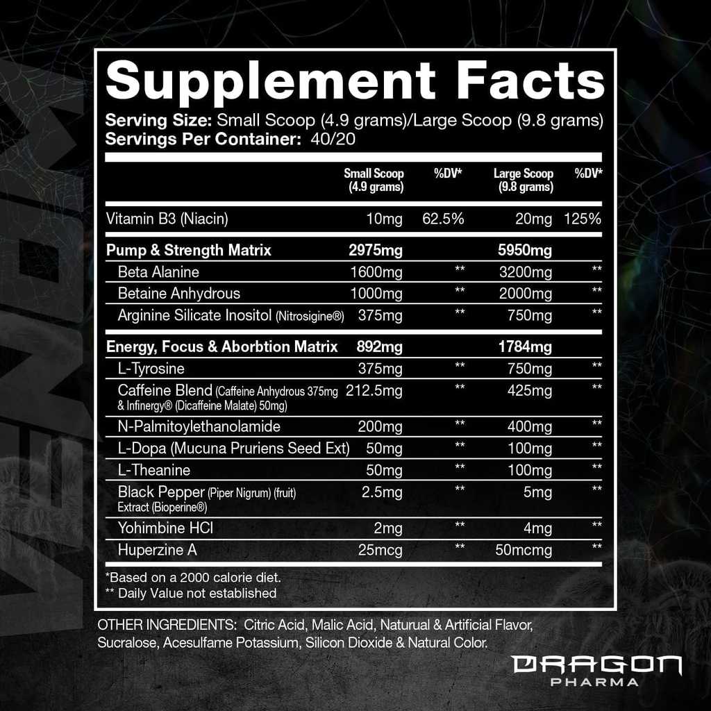 DRAGON PHARMA Venom Extreme Potency Pre-Workout, Laser Sharp Focus + energia, intensiivne jõudlus, tõestatud koostisosad täiustatud vasodilatatsiooni ja vastupidavuse jaoks (40 Servings, Ameerika mahl)