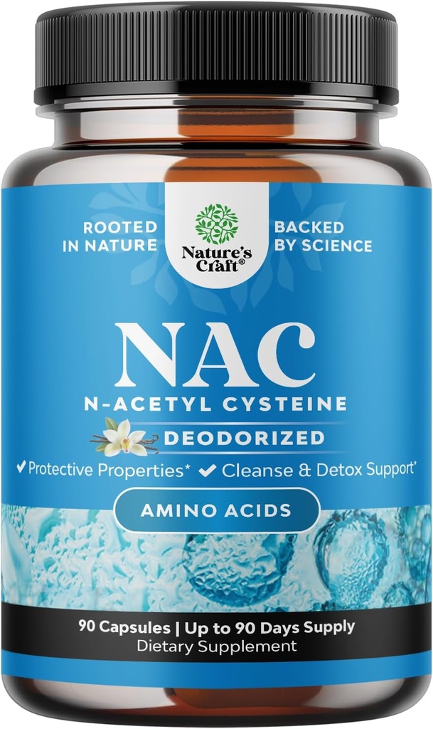 NAC-lisa N-atsetüültsüsteiin vaniljega - Detox N-atsetüültsüsteiini lisand kopsude tervise ja hingamisfunktsiooni jaoks, maksa ja neerude detox & puhastamine - Amino NAC kapslid täiskasvanutele - 90 Ct