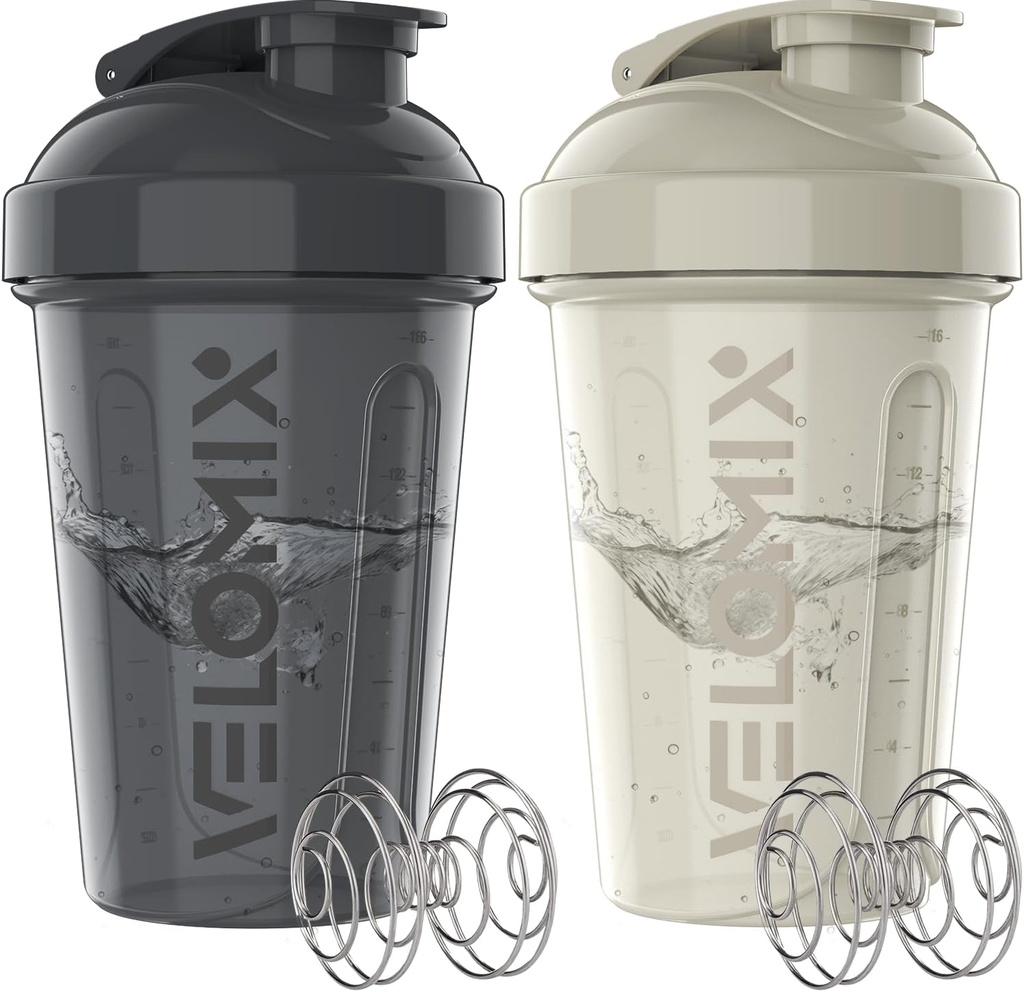 VELOMIX - 2 Pack- 20 oz Proteiin Shaker pudelid valgusegudele - 2x Wire Whisk | Leak Proof Shaker Cups valgukokteilidele ja eeltreeningule | Proteiin Shaker Bottle Pack (Gray/White)