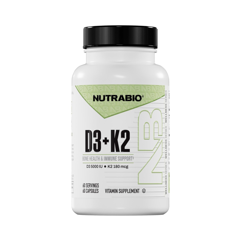 NutraBio Vitamiin D3 K2 | 5000 IU D3 kolekaltsiferoolina vitamiin K2 kui MENA-Q MK7 (180mcg) | Luu ja südame tervise toetamine | Mitte-GMO, gluteenivaba, laktoosivaba | 60 taimset kapslit