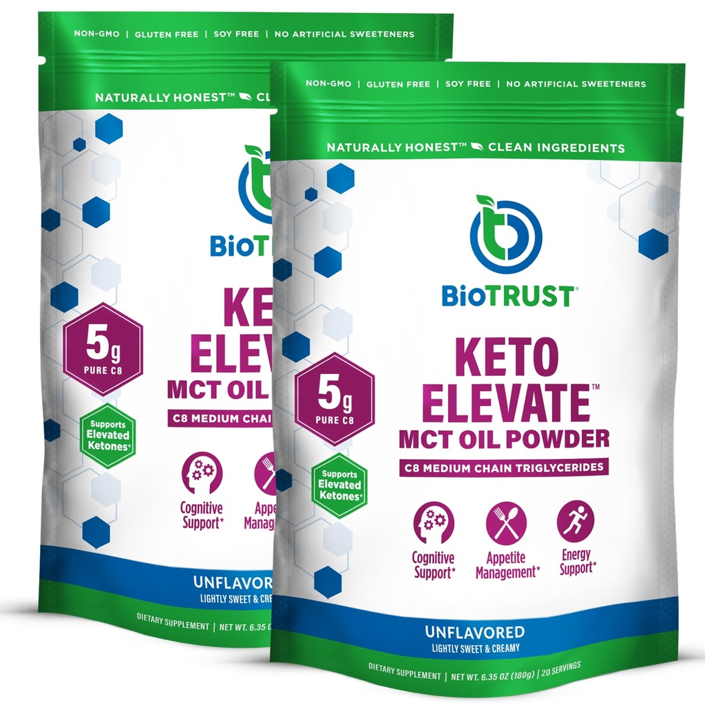 BioTrust Keto Elevate – C8 MCT Oil Powder – Ketogenic MCT Coffee Creamer, Keto Coffee Creamer – Clean Energy, Mental Focus & Clarity – 100% kaprüülhappe MCT pulber, Non-GMO (maitsestamata, 40 Servings)