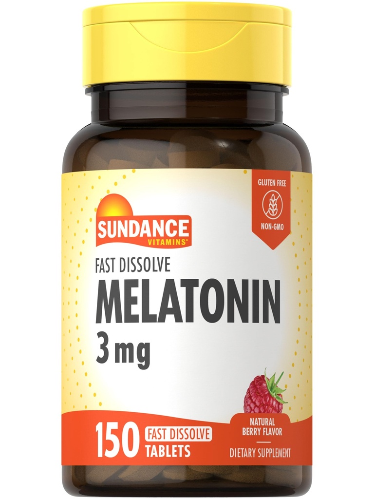 Sundance Melatoniin Kiire lahustamine | 3mg | 150 Fast Lahustuvaid tablette | Looduslik marjamaitse | Taimetoitlane, mitte-GMO ja gluteenivaba toidulisand