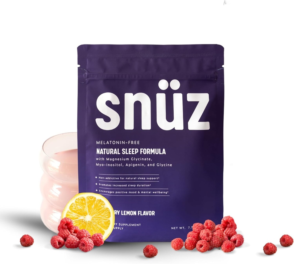 snüz Natural Sleep Support Supplement Magneesium Glycinate, Myo-Inositool, Apigenin & Glycine, Melatoniinivaba, Uneabi täiskasvanutele, Non GMO, Gluteenivaba, Vegan, Vaarika Sidrun Maitse, 30 Svgs