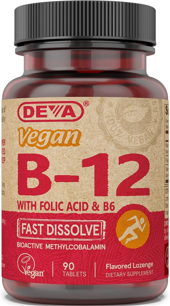 DEVA Vegan Vitamiin B12 Kiiresti lahustuv täiendus - Kord päevas kompleks 1000 Mcg Metüülkobalamiin B12, foolhape, B6 - Sidrunimaitse - 90 lahustuvat tabletti,