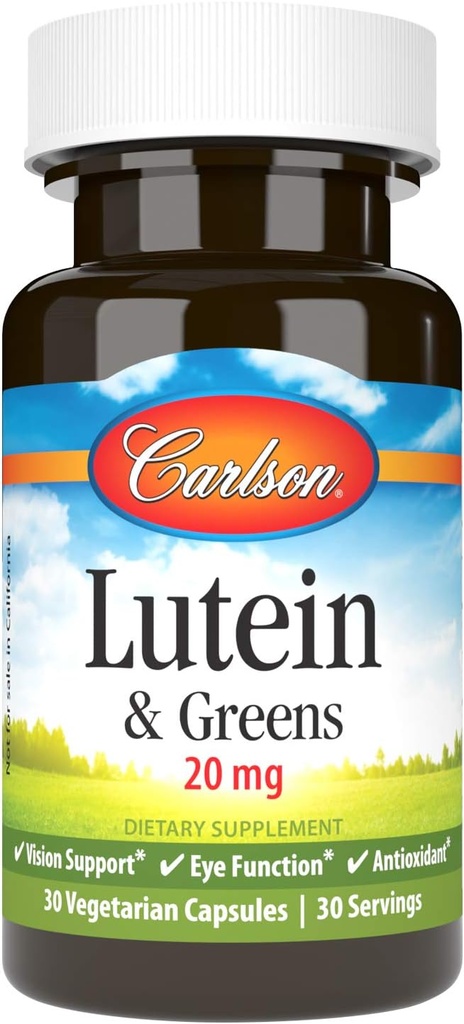 Carlson - Lutein & Greens, 20 mg, Vision Support & Eye Function, Antioxidant, 30 Vegetarian Capsules