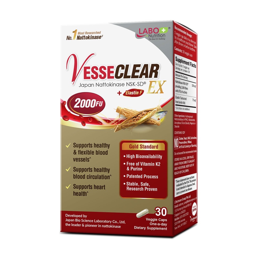 LABO Nutrition VesseCLEAR EX: Nattokinase NSK-SD+Elastin F puhtaks ja paindlikuks veresooneks. Jaapani kõige rohkem tõestatud, funktsionaalsed annused, happeresistentsed / viivitusega vabastavad kapslid