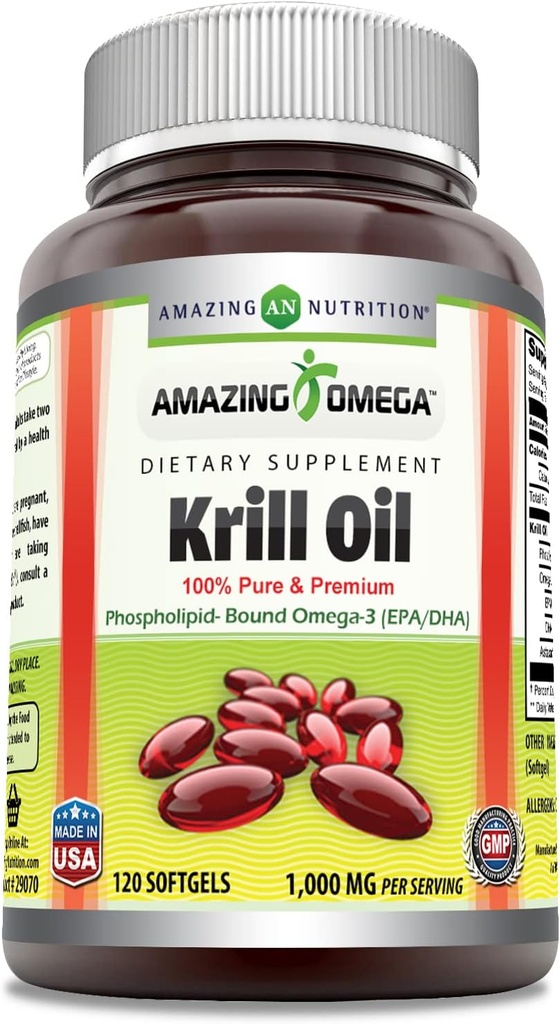 Amazing Omega Krill õli Omega 3s EPA, DHA, fosfolipiidid ja astaksantiini 1000 mg serveerimine 120 pehmegeelid Supplement | Non-GMO | Gluteenivaba