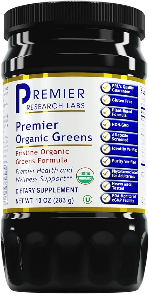 Premier Research Labs Premier Organic Greens - Super Greens Powder, Greens Superfood Powder jookidele, roheline mahl, toitumistoetus, Supergreens meestele ja naistele, Spinat, Alfalfa, Chlorella - 10 oz