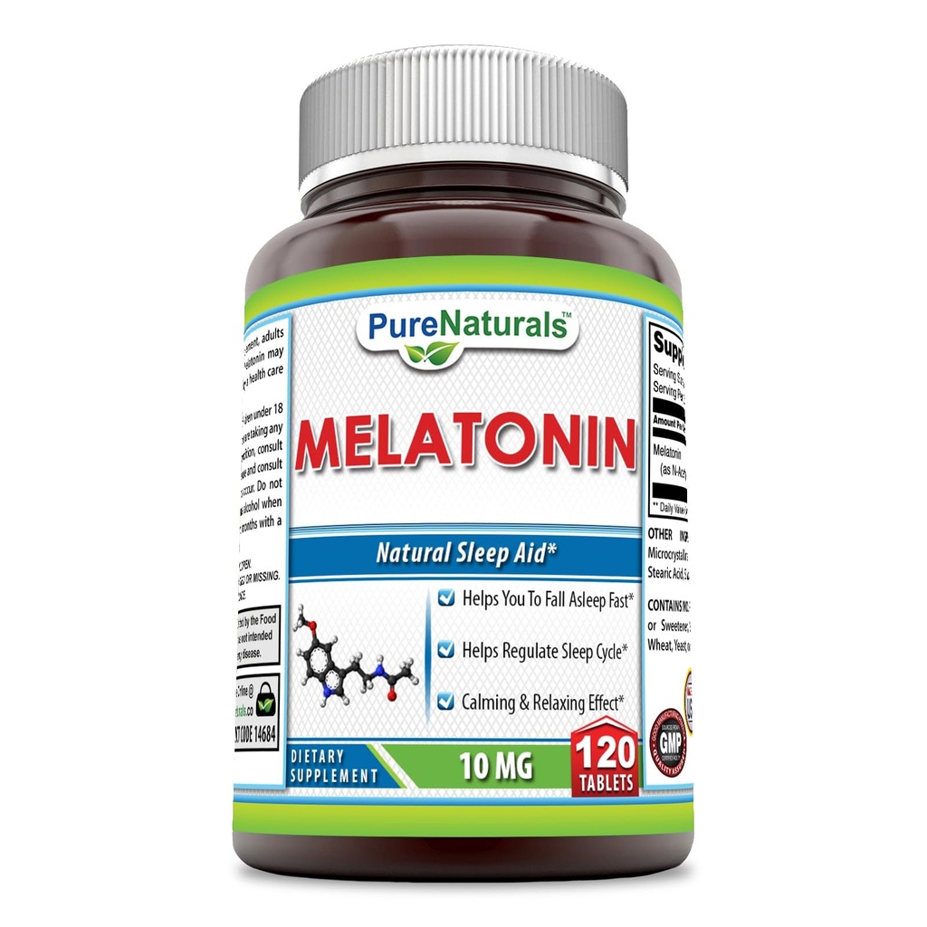 Puhtad looduslikud melatoniini lisand | 10 mg ühe serveerimise kohta | 120 tabletti | Mitte-GMO | Gluteenivaba | Valmistatud USA-s