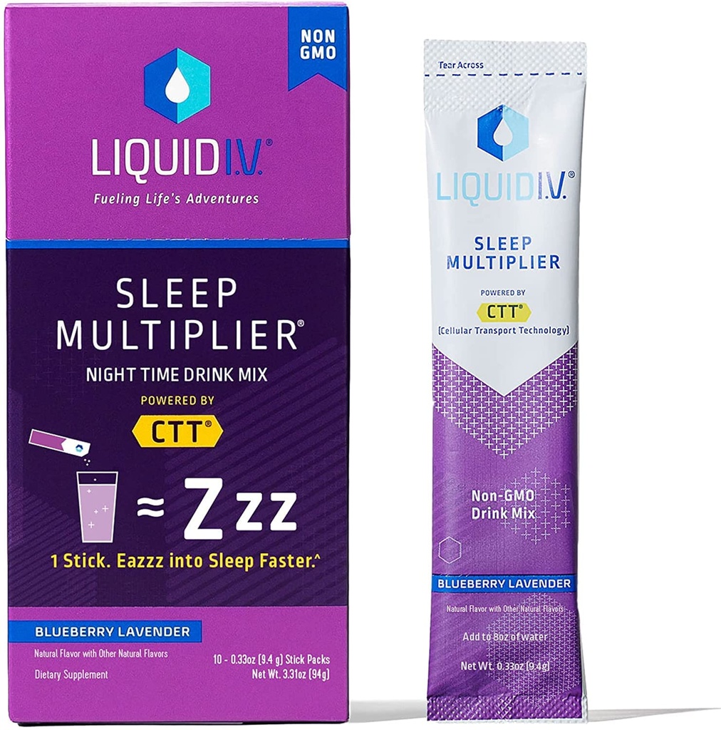 Vedel I.V.® Hüdratsioonikordaja® + Sleep - mustikalavendel - elektrolüütpulbri joogisegu pakendid | Mugavad ühekordselt teenindavad kaikad | Mitte-GMO | 10 serveerimist (pakk 1)