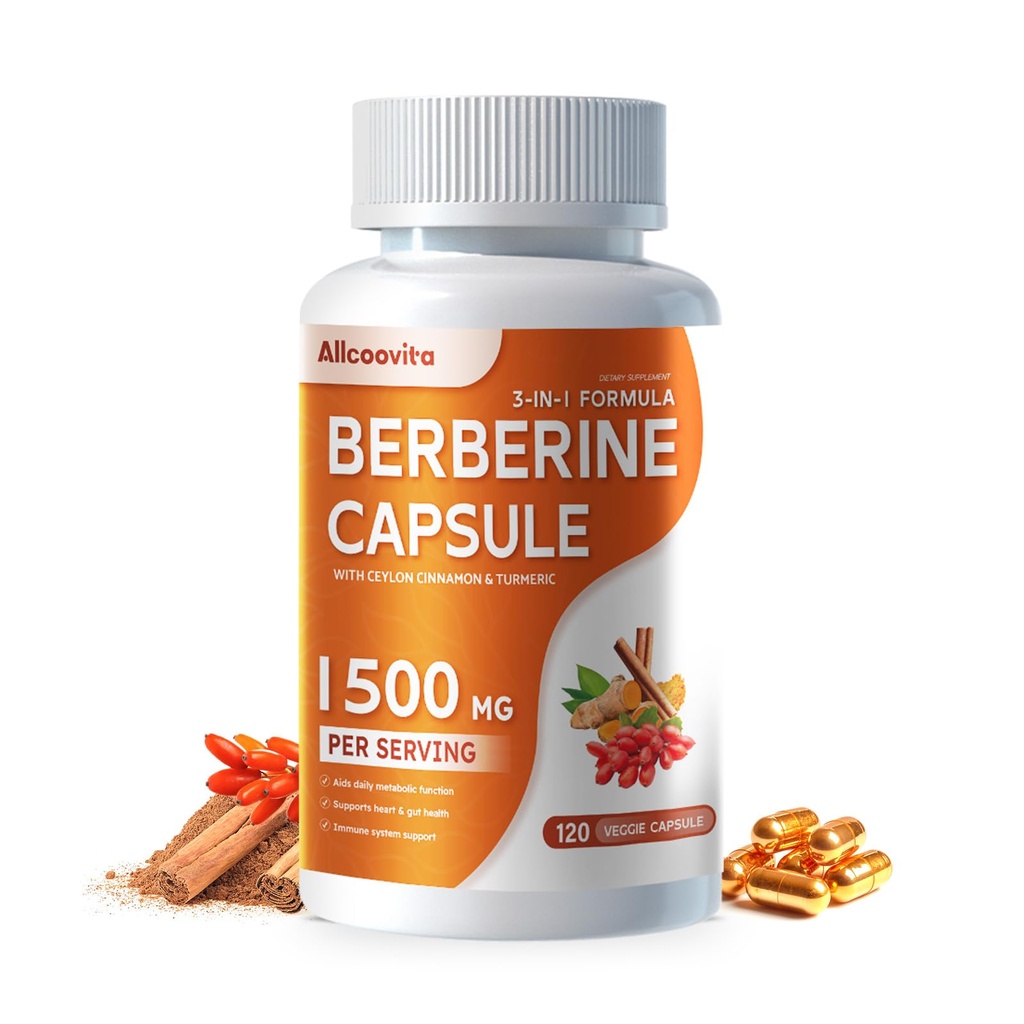 Allcoovita Berberine Supplement - Berberine 1500mg per Serving,120 kapslit - Berberine HCI - Berberine Plus - Plus Pure True Ceylon Cinnamon, Berberine HCI Root Supplements Pills