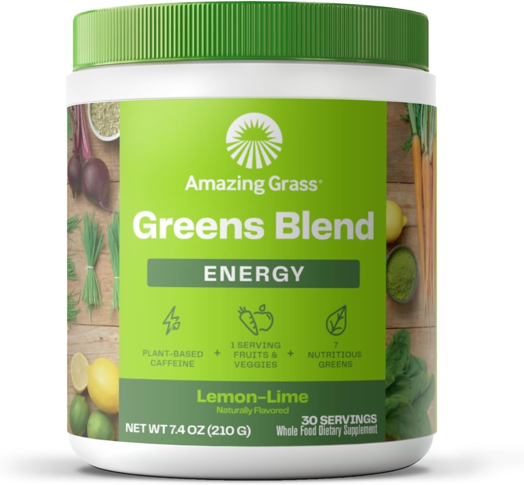 Amazing Grass Greens Blend Energy: Smoothie Mix, Super Greens Powder & Plant Based Caffeine with Matcha Green Tea & Beet Root Powder, Sidrunlubja, 30 Servings (pakendamine võib varieeruda)