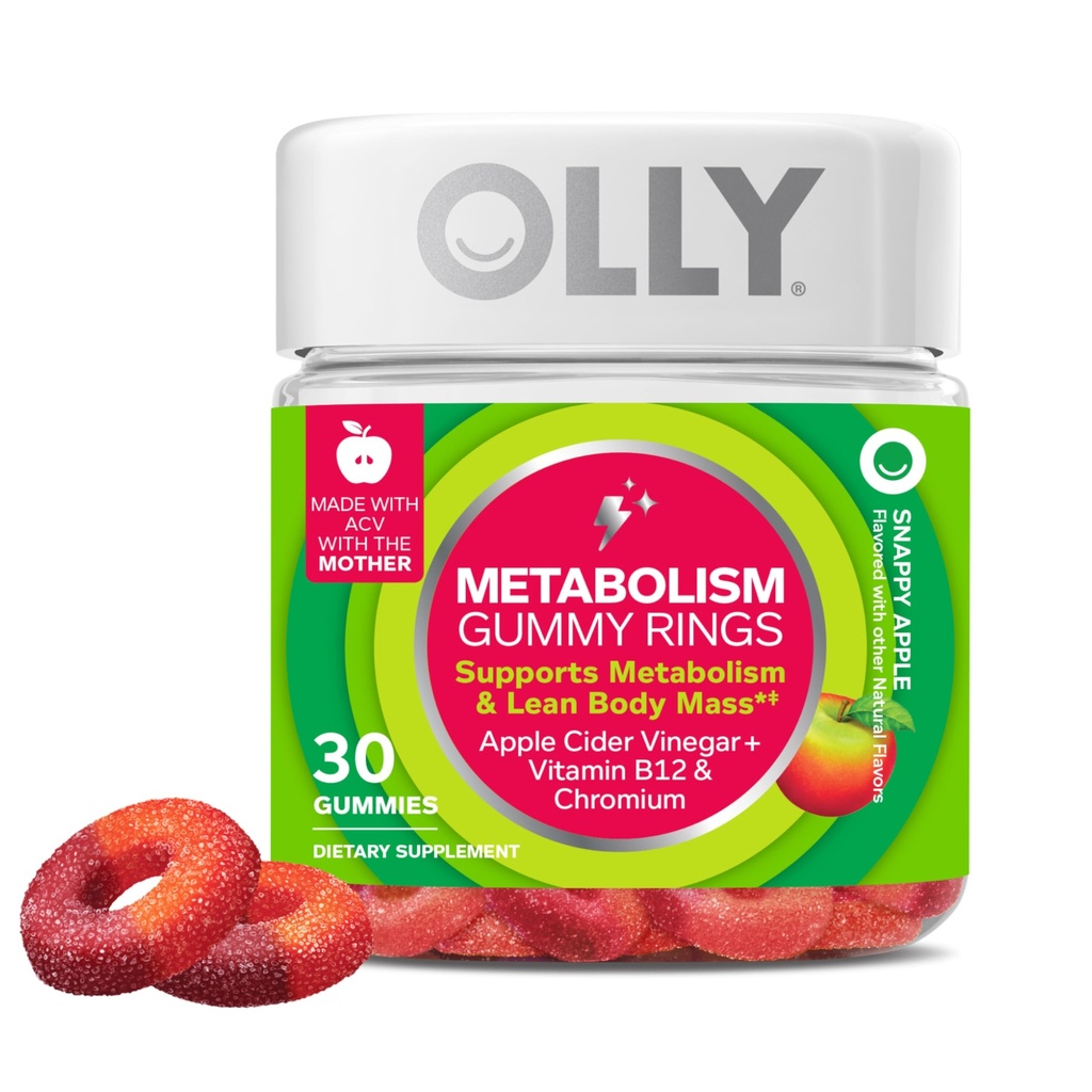 OLLY Metabolism Kummirõngad, Õunasiidri äädikas, B12-vitamiin, kroom, energia ja seedetrakti tervis, närimislisand, õunamaitse - 30 krahv