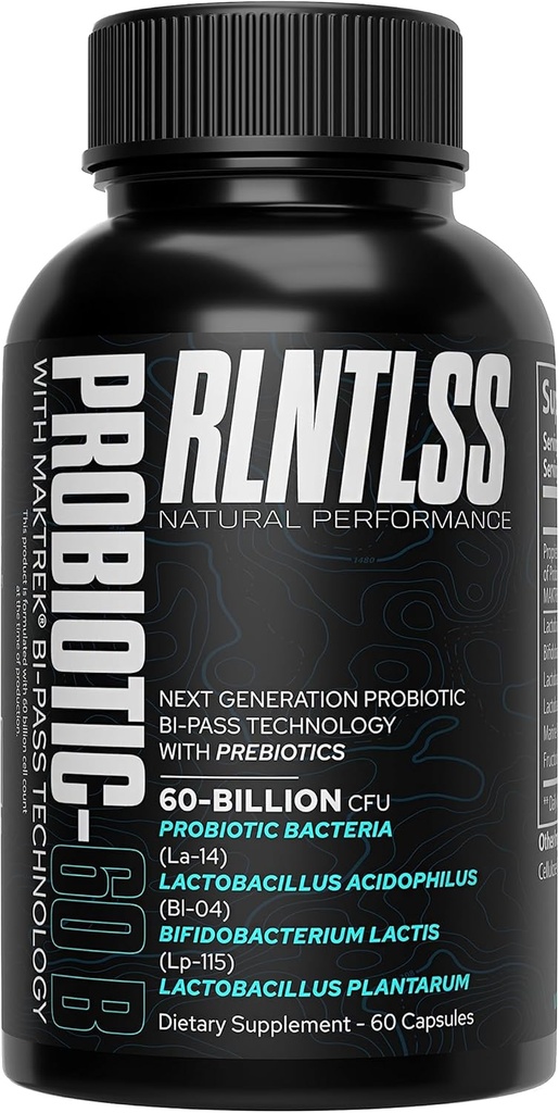 RLNTLSS - Probiotic 60 Billion CFU - 4 Strain Blend - Premium Supplement - Men and Women - Shelf Stable Probiotic Capsule - Probiotic and Prebiotic - (60 Count Bottle)