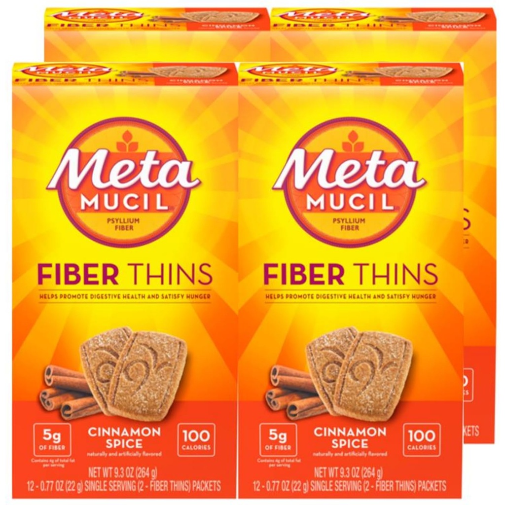 Metamucil Fiber Thins, Daily Fiber Supplement Snack, Psyllium Husk Powder, 5g Fiber per Serving, Toetab Seedetrakti Tervis ja Rahulolevad Nälg, Cinnamon Spice Maitse, pakend 4, 12 Servingut