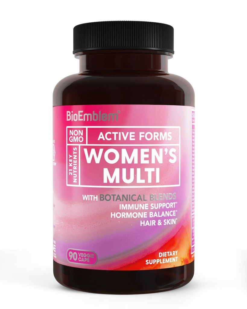 BioEmblem Naiste multivitamiinid - Täielik igapäevane multivitamiini immuunsuse, energia, juuste, naha A-vitamiini, B12, B6, D3, biotiini, raua, magneesiumi, kollageeni ja köögivilja segud - Gluteenivaba - 90 kapslit
