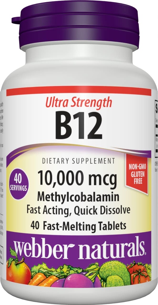 Webber Naturals Vitamiin B12 10 000 mcg, Ultra Tugevus, 40 Count, Kiiresti Lahustuvad Tabletid, Vitamiinilisandi Toetus Energia Metabolism, Immuunsuse ja Südame Tervis, Vegan Valem