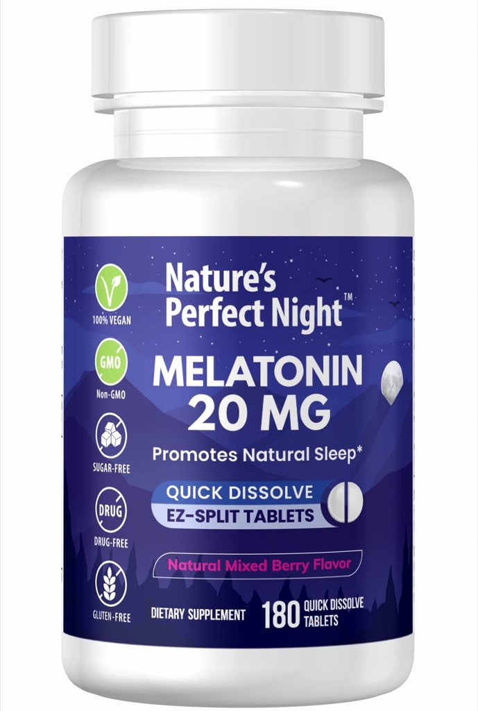 Looduse täiuslik öö | Melatoniin 20 mg | 180 Kiiresti lahustuvad tabletid | Looduslik segatud marjamaitse | Suure tugevusega | Suhkruvaba | Vegan | Gluteenivaba | Väärtuse suurus