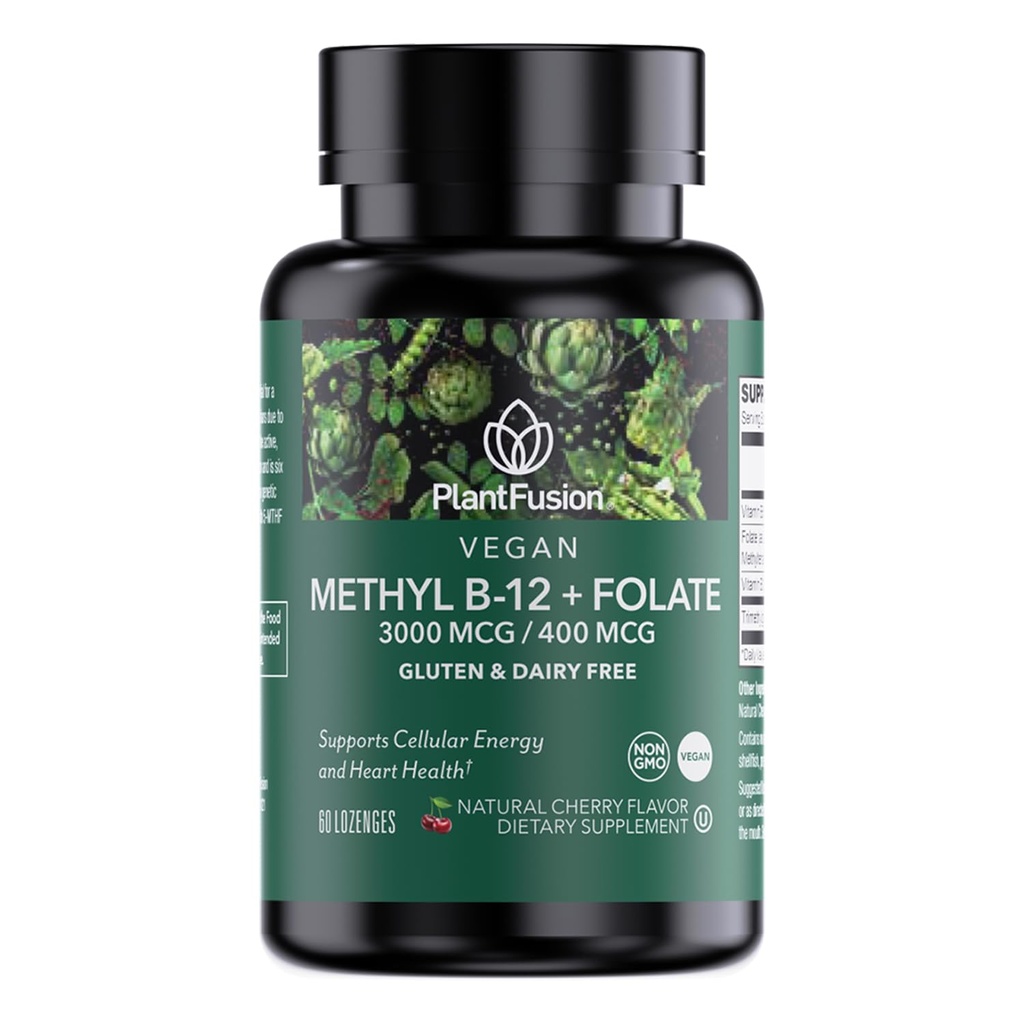 PlantFusion Methylated Vitamin B Complex – Vegan B12 3000mcg, Vegan Methylfolate (5-MTHF) 400mcg, B6 & TMG – Cherry-maitselised lozenges – 60 Count