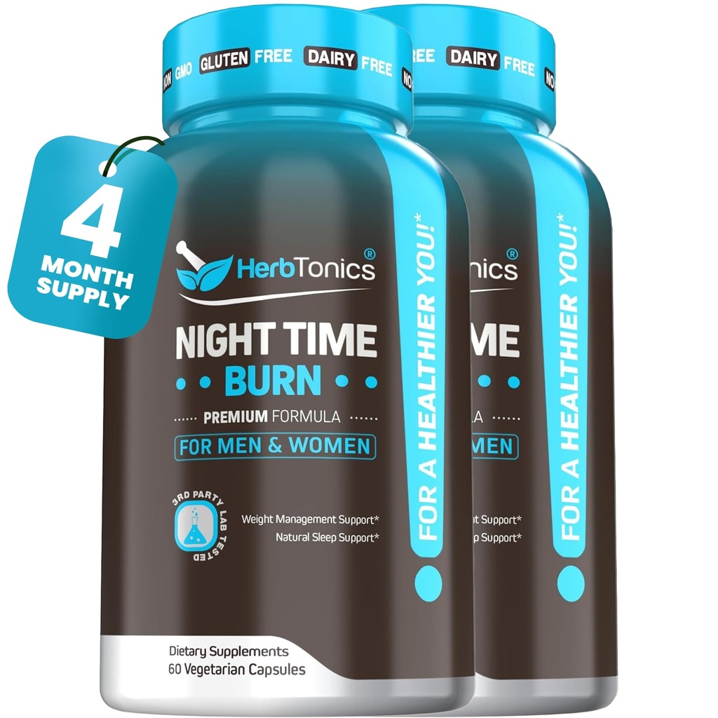 Herbtoonika Öine aeg Burn & Sleep Complex toetab üleöö ainevahetust, stressi leevendamist ja sügavat und. Sisaldab melatoniini, Valeriani ja rohelist teed - Vegan Bedtime Weight Management (120 kapslit)