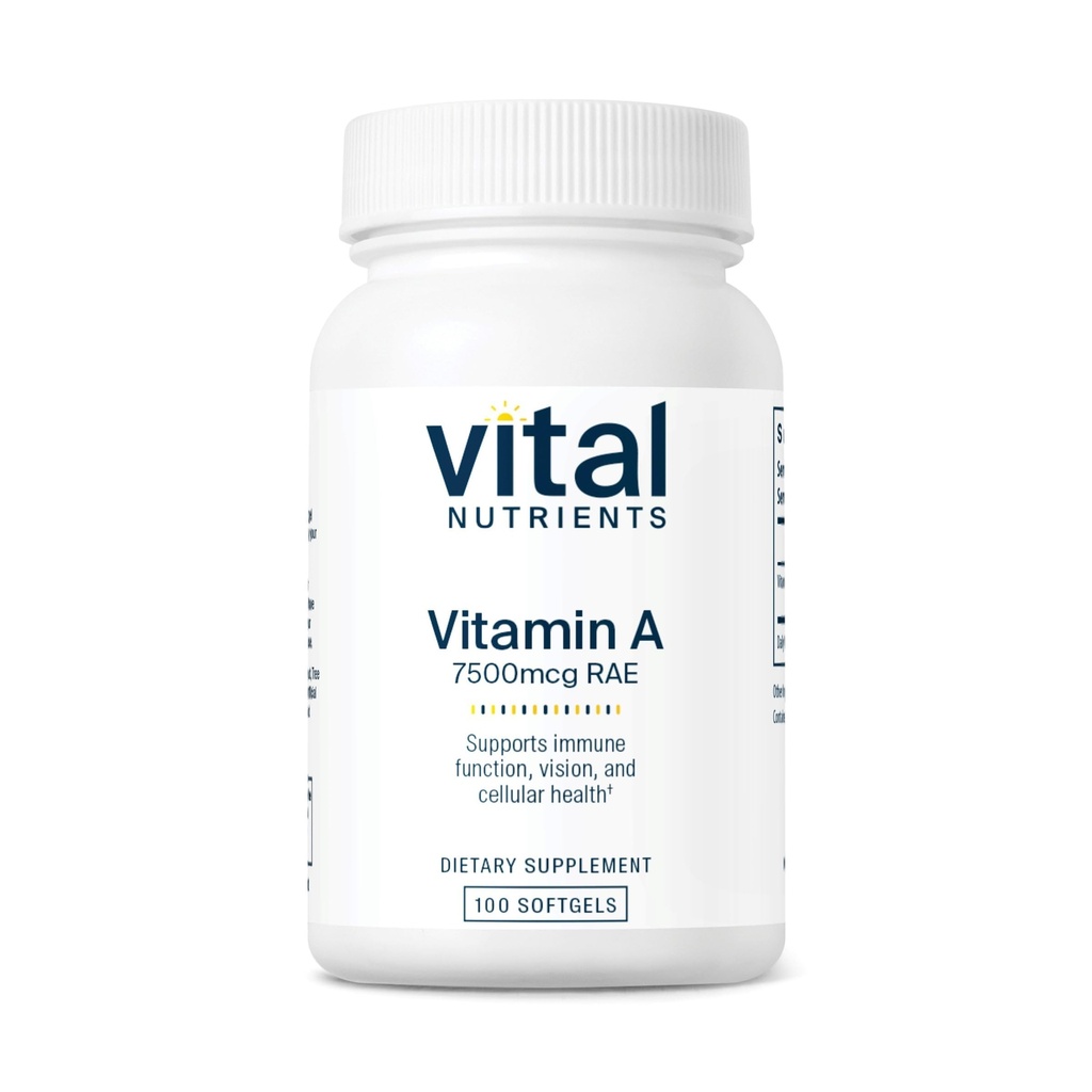 Vitamiin A 7500mcg RAE | Vitamiin A täiendus immuunsusfunktsioonile, nägemisele, nahale ja raku tervisele | Gluteen, piimatooted, sojavabad | Mitte-GMO | 100 kapslit
