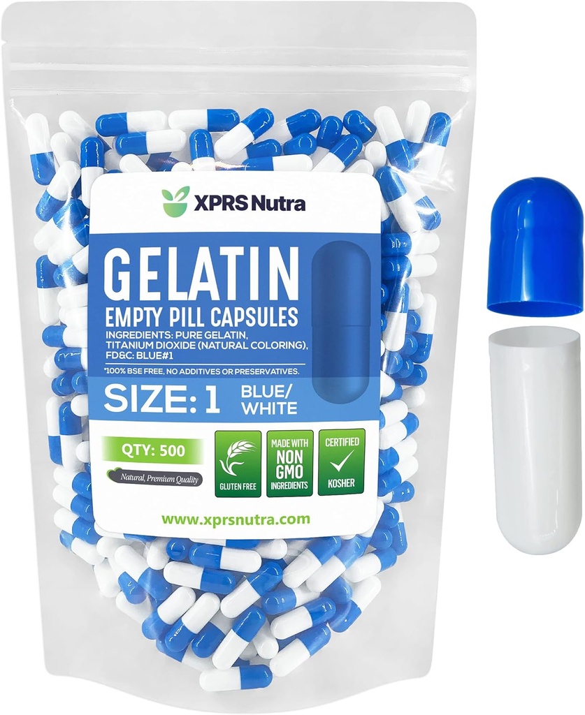 XPRS Nutra suurus 1 Tühjad kapslid - 500 loend Tühjad želatiinkapslid - Pill DIY kapsli täitmine - Puhtad Veisepillid Gel kapslid Do-It-Yourself täiendused (sinine/valge)